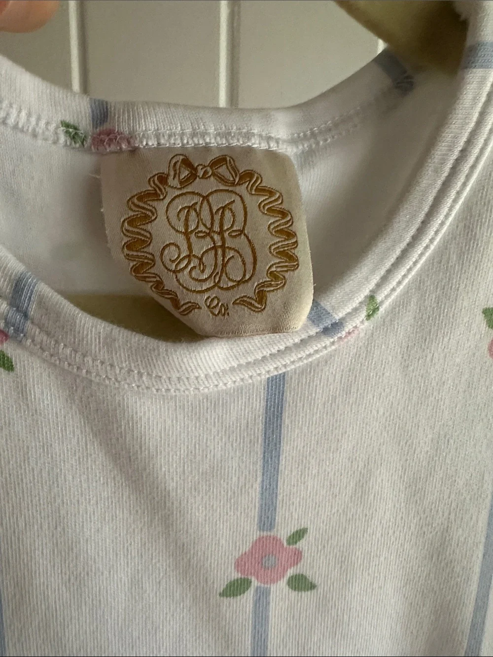 The Beaufort Bonnet Company White Dress with Pink Floral and Blue Stripes